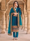 Teal Velvet Embroidered Pant Style Suit - 2