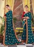 Teal Vichitra Silk Embroidered Classic Designer Saree for Ceremonial - 1