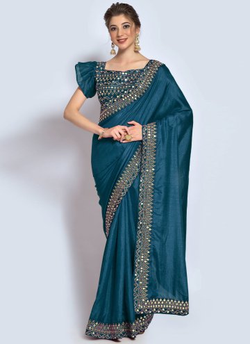 Teal Vichitra Silk Embroidered Designer Saree for 