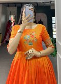 Thread Jacquard Silk Orange Gown - 1