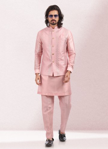 Thread Work Art Banarasi Silk Pink Kurta Payjama With Jacket
