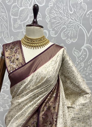 Thread Work Kanjivaram Silk Cream Designer Saree