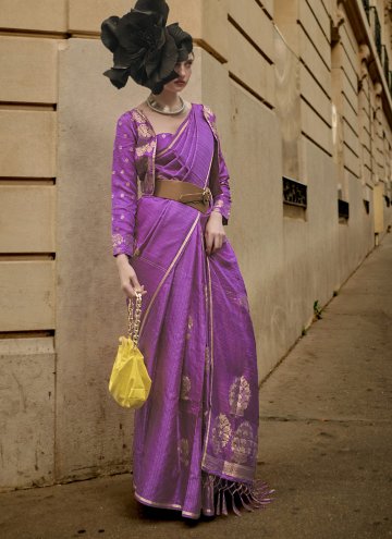 Tissue Brasso Trendy Saree in Purple Enhanced with Woven