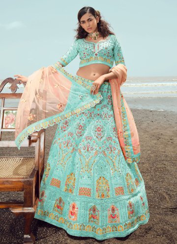 Turquoise A Line Lehenga Choli in Georgette with D