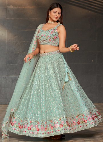 Turquoise A Line Lehenga Choli in Georgette with Embroidered