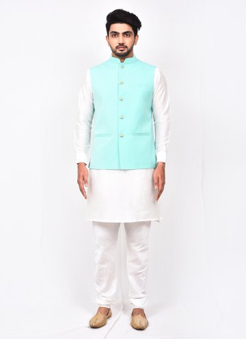 Turquoise and White color Buttons Art Silk Kurta Payjama With Jacket