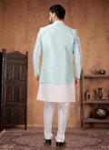 Turquoise and White Jacquard Embroidered Indo Western for Engagement - 2