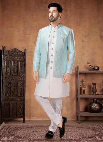 Turquoise and White Jacquard Embroidered Indo West