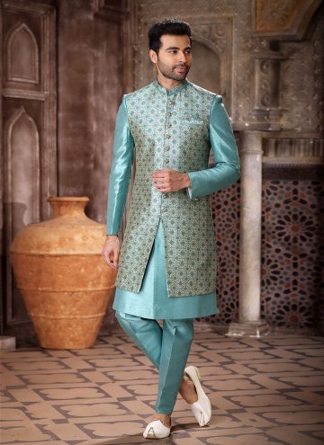 Turquoise Art Silk Embroidered Indo Western