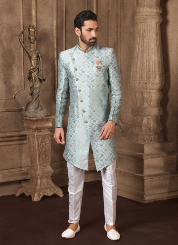 Turquoise Brocade Jacquard Work Indo Western for Engagement