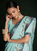 Turquoise Classic Designer Saree in Georgette with Lucknowi Work - 3