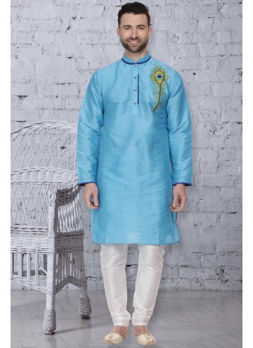 Turquoise color Art Dupion Silk Kurta Pyjama with 