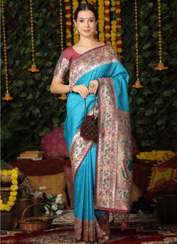 Turquoise color Banarasi Trendy Saree with Woven