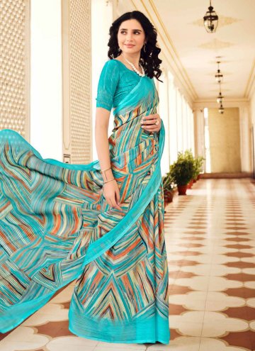 Turquoise color Chiffon Contemporary Saree with Pr