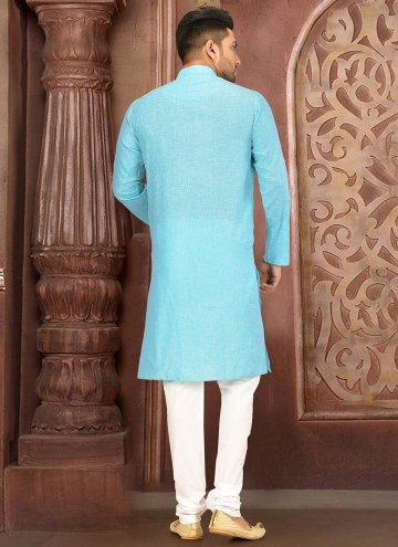 Turquoise color Cotton  Kurta Pyjama with Plain Work