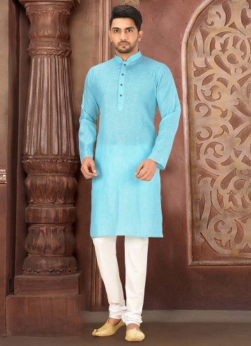 Turquoise color Cotton  Kurta Pyjama with Plain Wo
