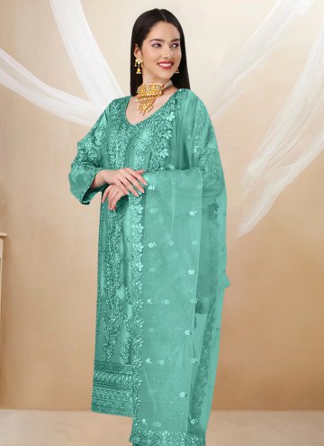 Turquoise color Cutwork Net Straight Salwar Kameez