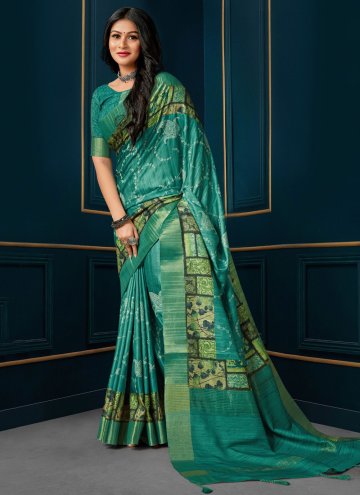 Turquoise color Digital Print Silk Trendy Saree