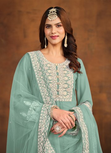 Turquoise color Embroidered Faux Georgette Salwar Suit