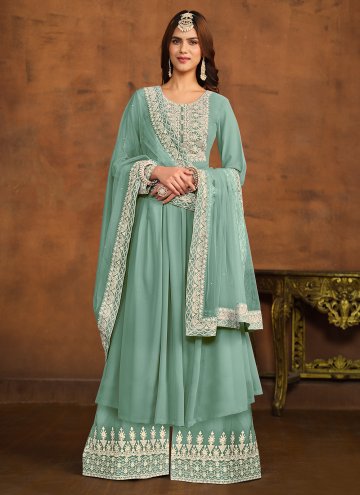 Turquoise color Embroidered Faux Georgette Salwar 