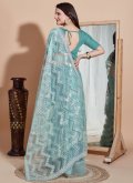 Turquoise color Embroidered Net Trendy Saree - 1