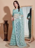 Turquoise color Embroidered Net Trendy Saree - 2