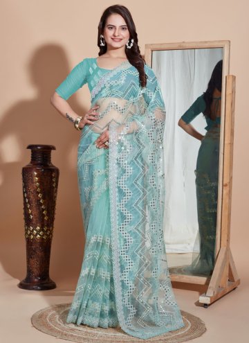 Turquoise color Embroidered Net Trendy Saree
