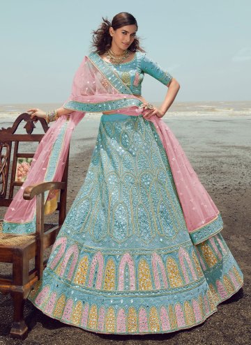 Turquoise color Embroidered Organza A Line Lehenga