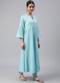 Turquoise color Floral Print Crepe Silk Salwar Suit - 2