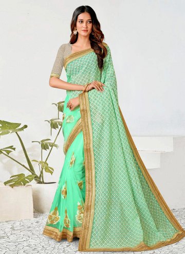Turquoise color Georgette Trendy Saree with Embroi