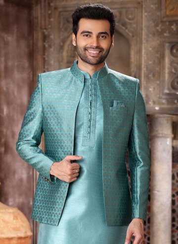 Turquoise color Jacquard Work Art Silk Indo Western