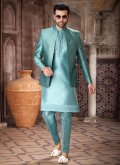 Turquoise color Jacquard Work Art Silk Indo Western - 2