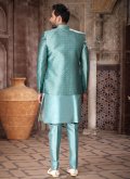 Turquoise color Jacquard Work Art Silk Indo Western - 3