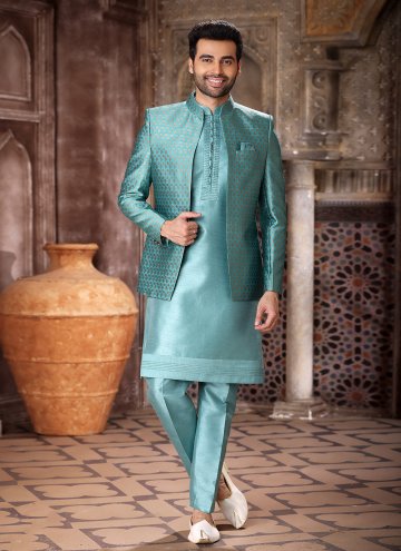 Turquoise color Jacquard Work Art Silk Indo Western
