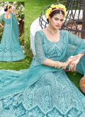 Turquoise color Net A Line Lehenga Choli with Embroidered - 1