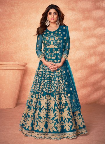 Turquoise color Net Bollywood Salwar Kameez with B