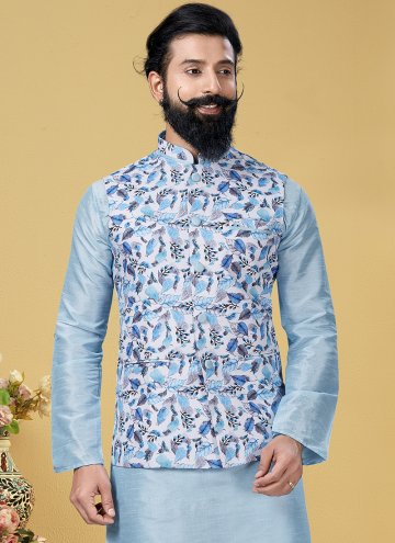 Turquoise color Printed Cotton  Nehru Jackets