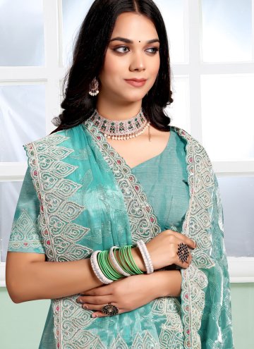 Turquoise color Silk Classic Designer Saree with Embroidered