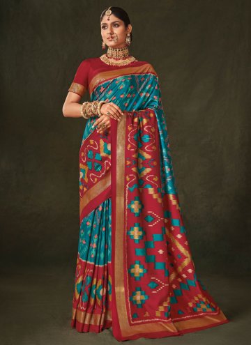 Turquoise color Silk Designer Saree with Foil Print