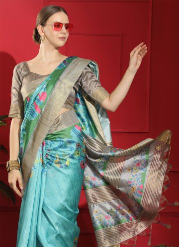 Turquoise color Tussar Silk Traditional Saree with Woven