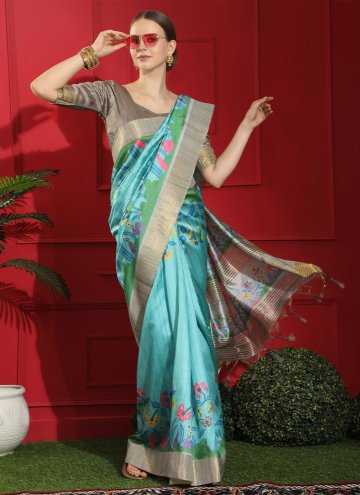 Turquoise color Tussar Silk Traditional Saree with