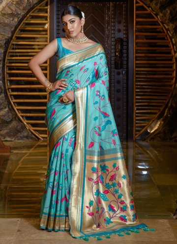 Turquoise color Woven Banarasi Designer Saree