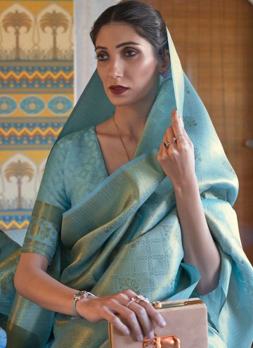 Turquoise color Woven Handloom Silk Designer Saree
