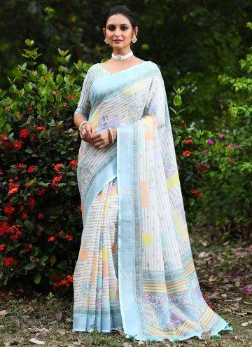 Turquoise color Woven Linen Classic Designer Saree