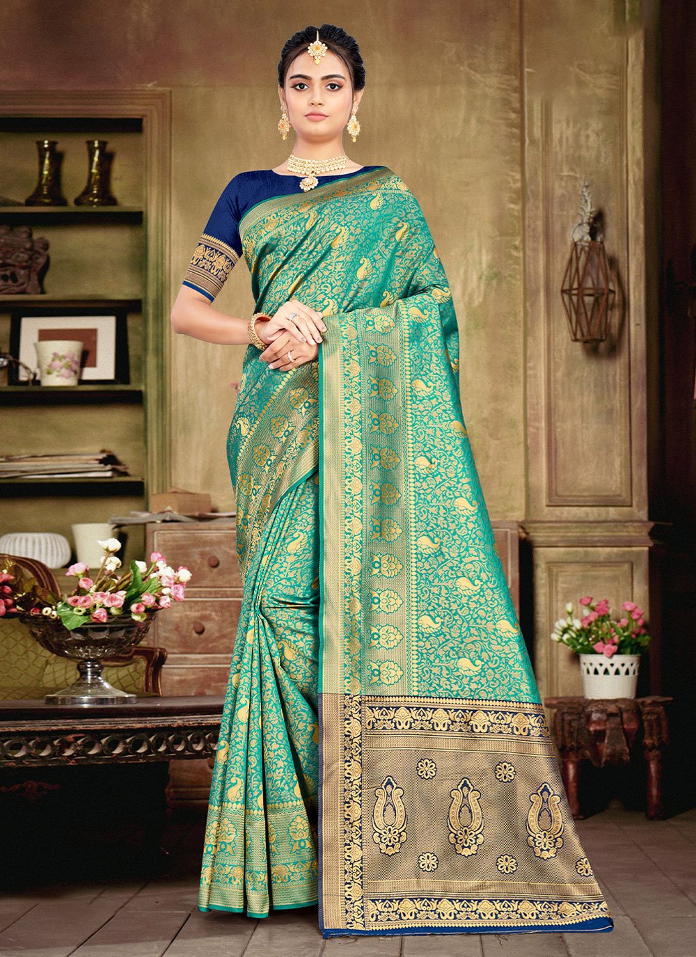 Turquoise color Woven Silk Traditional Saree