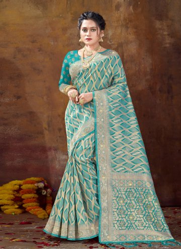 Turquoise Contemporary Saree in Organza with Fancy