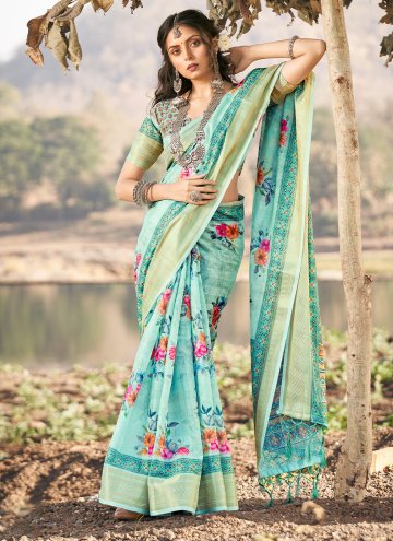 Turquoise Cotton  Border Contemporary Saree for Casual