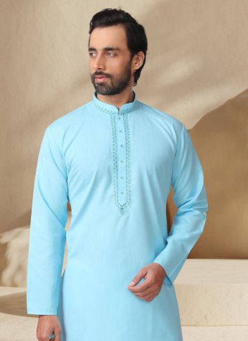 Turquoise Cotton  Embroidered Kurta Pyjama for Engagement