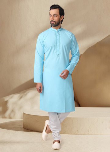 Turquoise Cotton  Embroidered Kurta Pyjama for Eng