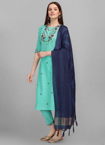 Turquoise Cotton  Embroidered Trendy Salwar Suit for Casual